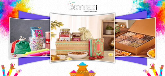 Holi gift hampers with sweets, dry fruits & colors