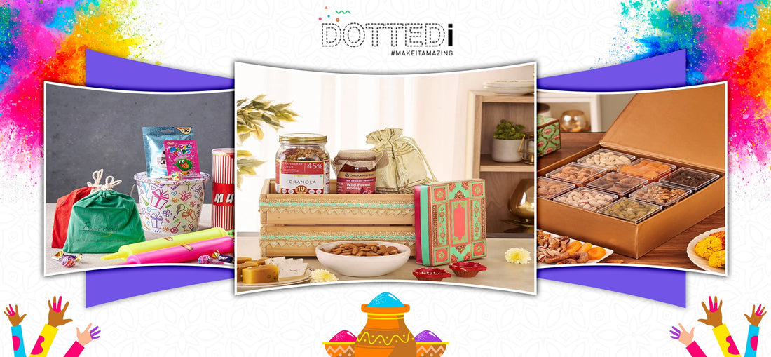 Holi gift hampers with sweets, dry fruits & colors