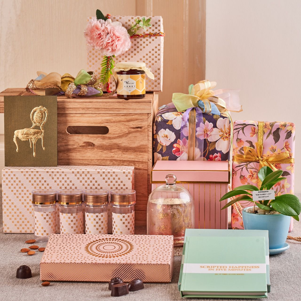 Eco-friendly gift hamper crate box with assorted gifts and snacks