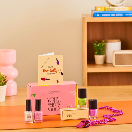 Beauty gift box with nail polish, card and self care items