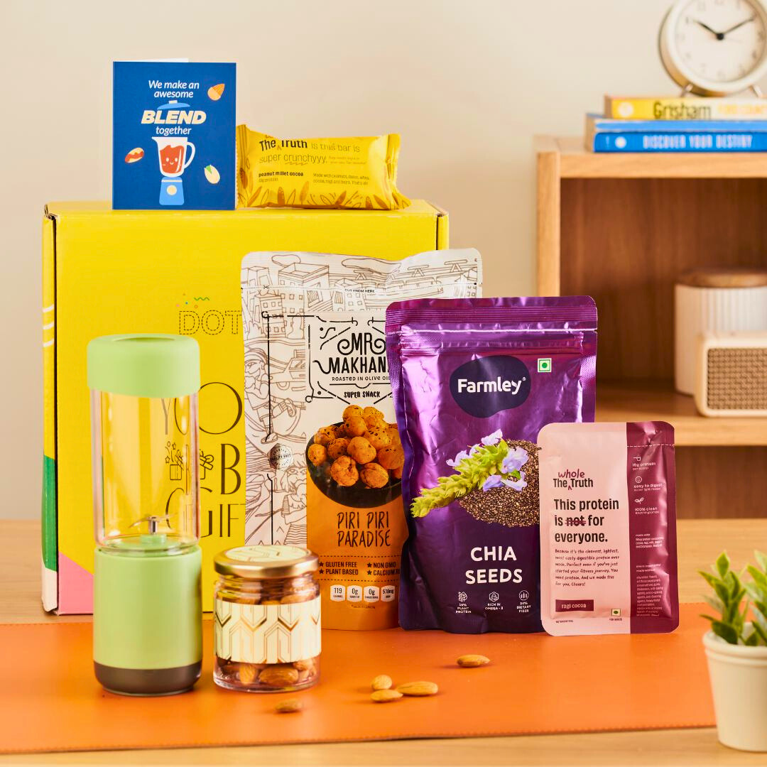 Healthy snack gift box with chia seeds, protein and nuts