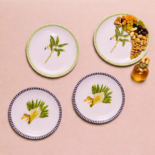Decorative ceramic snack plates with leaf print and nuts