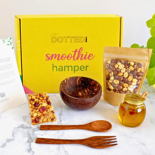  smoothie gift hamper with nuts, honey and wooden bowl