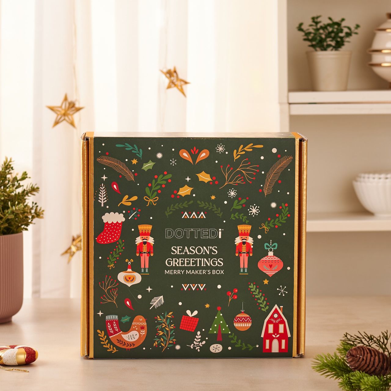 Premium holiday gift hamper box,  Christmas gift hamper with assorted goodies and festive packaging