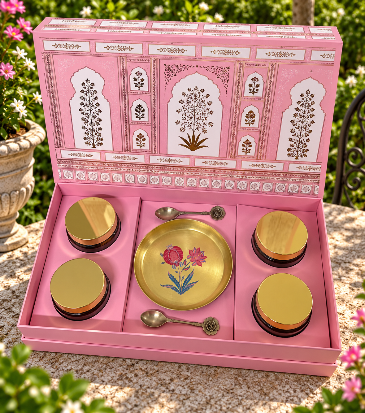 Diwali gift hamper for clients with brass thali and four jars