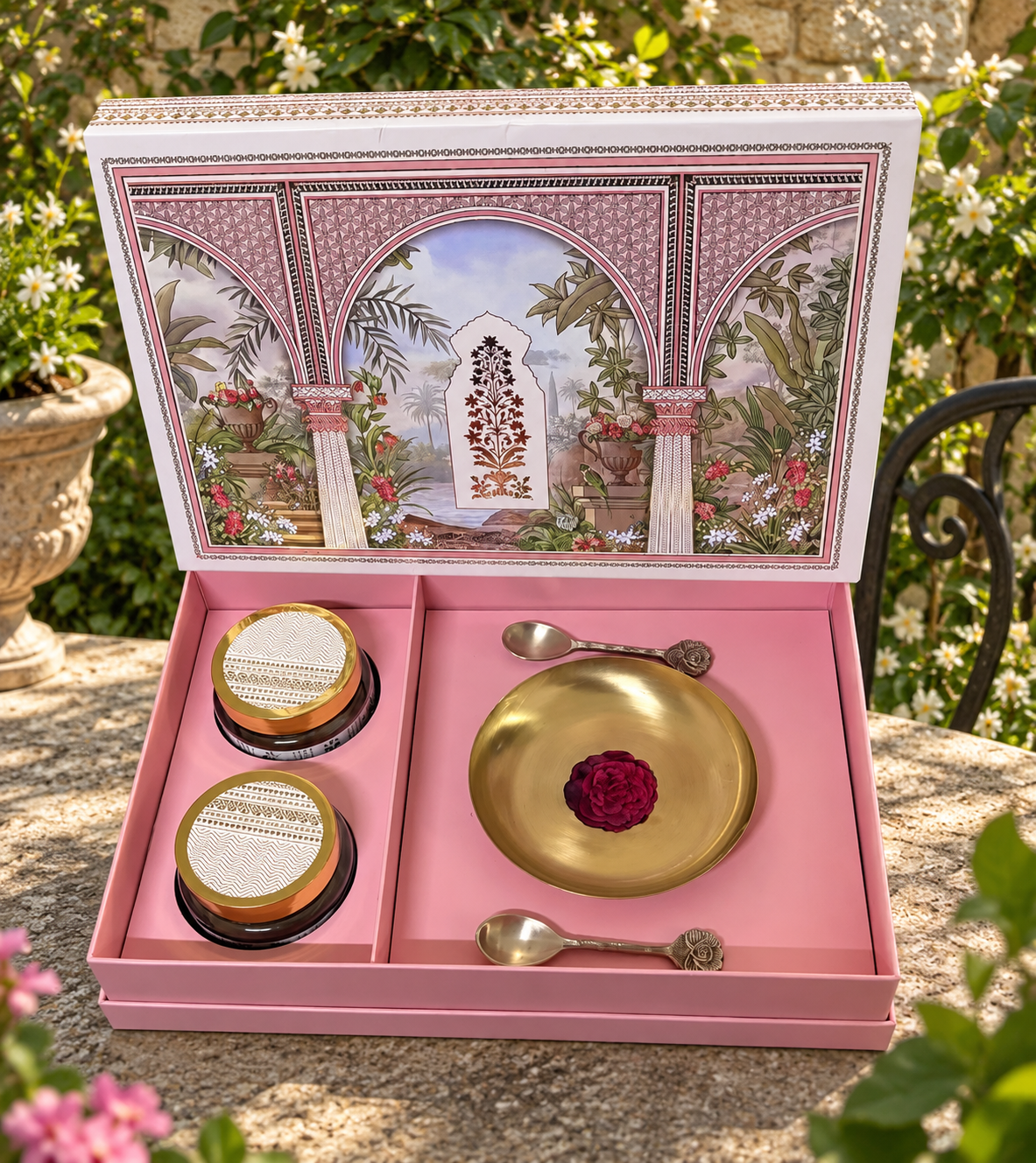 Luxury Diwali hamper with brass thali and festive jars