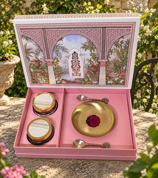 Luxury Diwali hamper with brass thali and festive jars