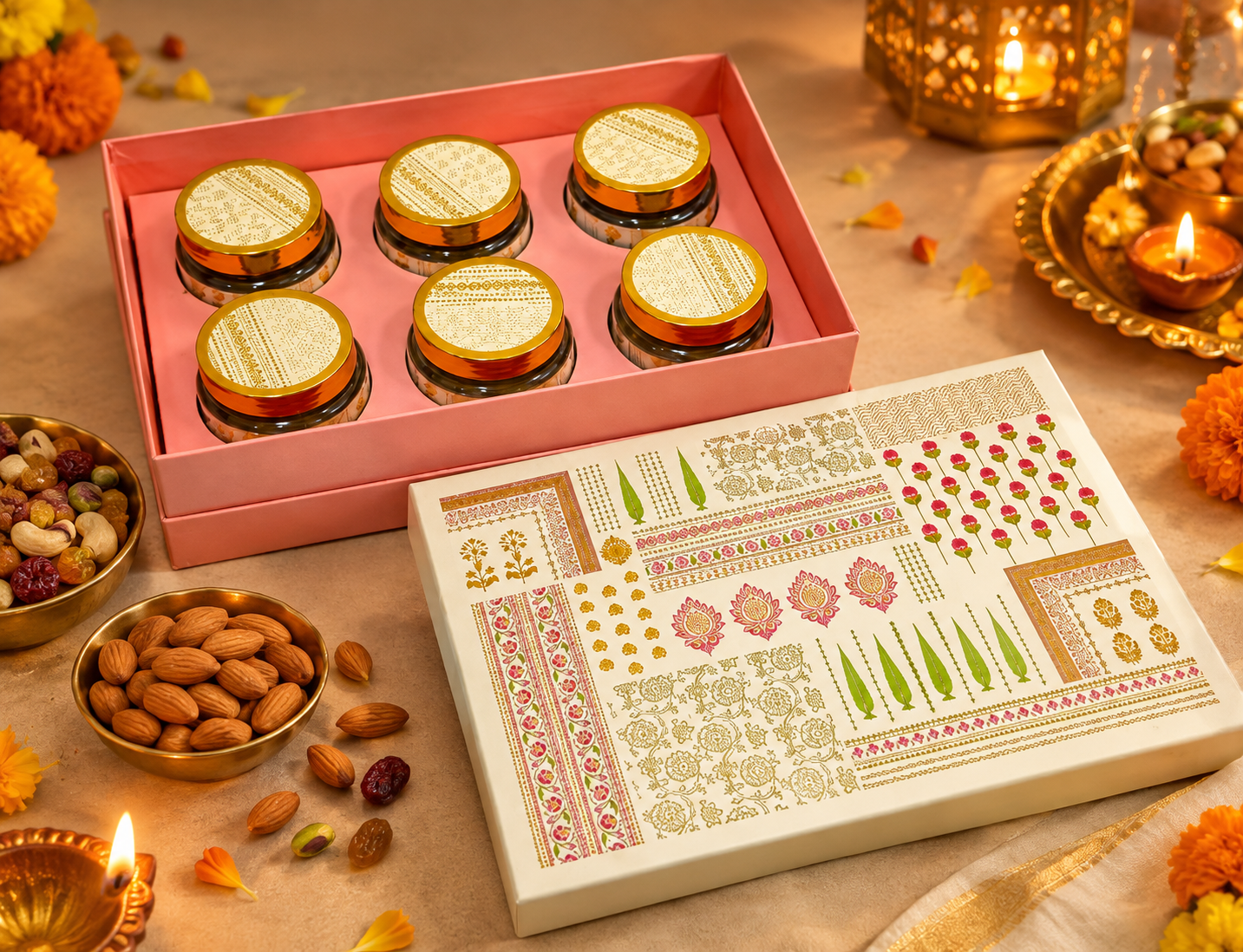 Diwali gift hamper with festive jars and dry fruits